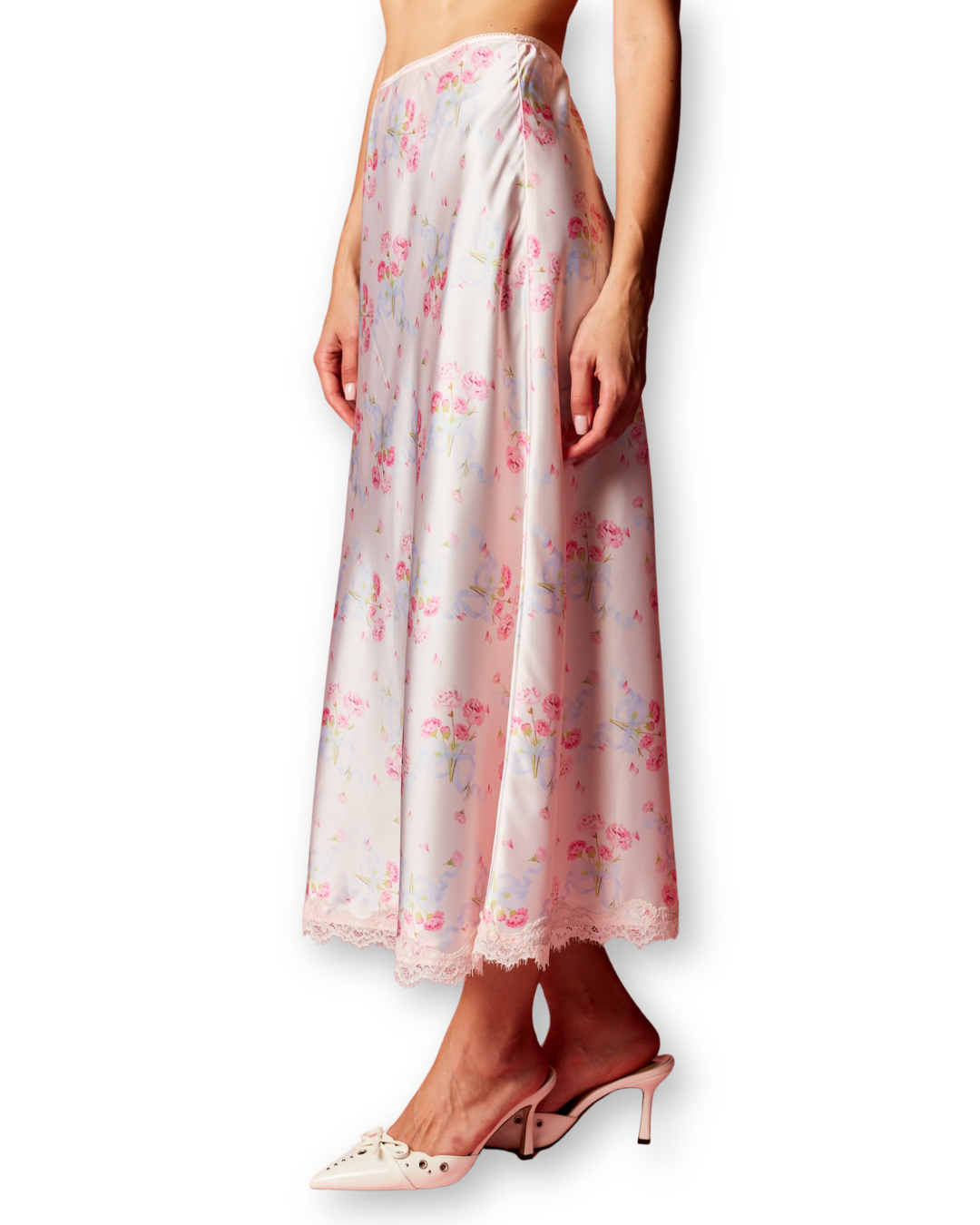 Blush Bloom Lace Trim Satin Skirt