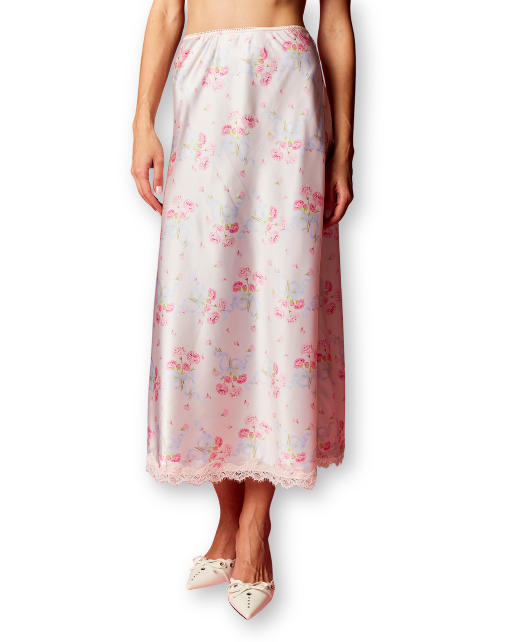 Blush Bloom Lace Trim Satin Skirt